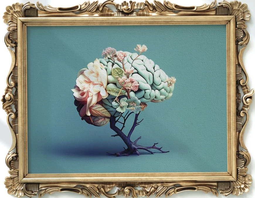 brain made out of flowers in a gilded picture frame